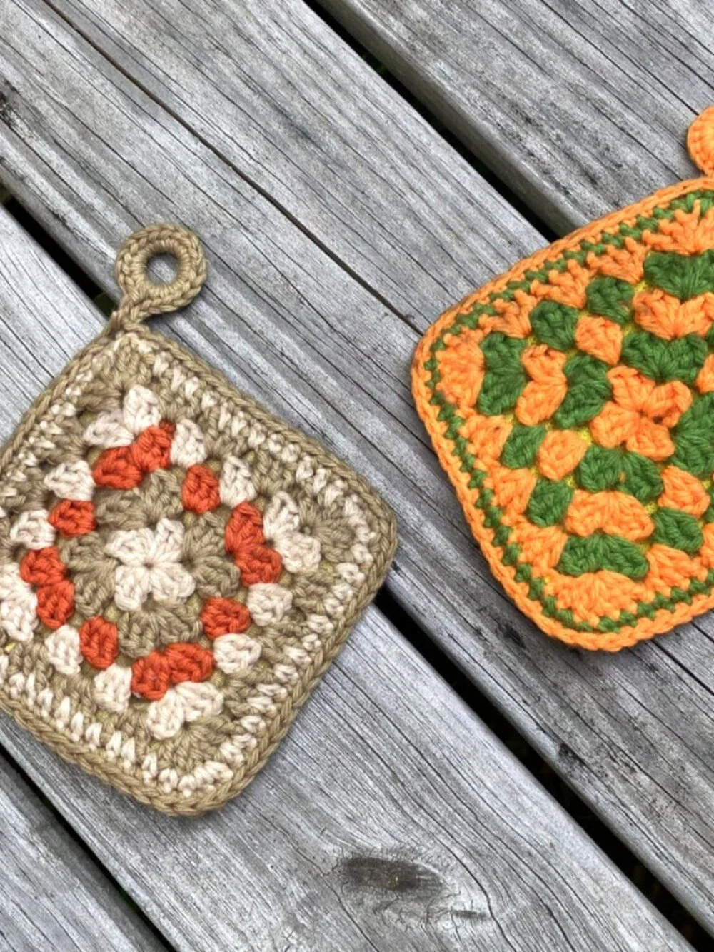 Granny square Potholders Double-sided 7 X 7 Handmade Green Orange Brown Crochet